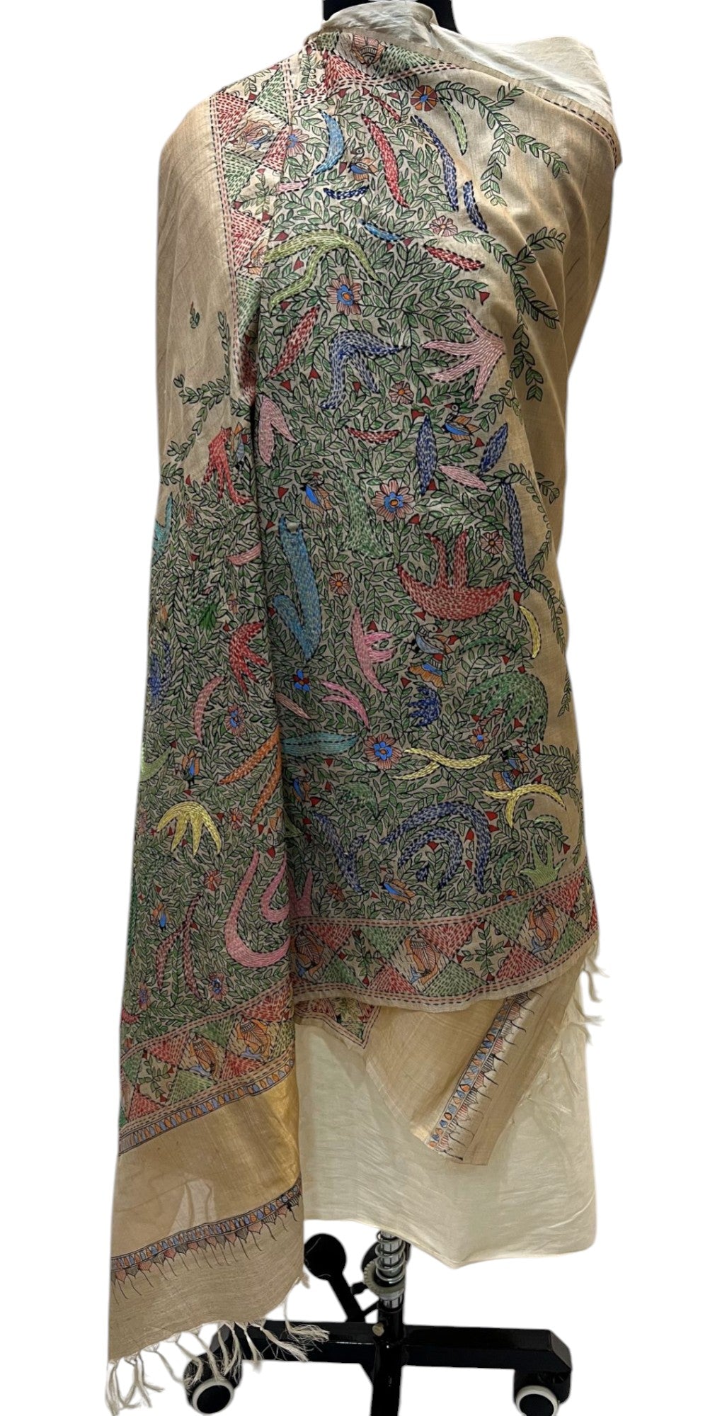 Hand-Woven Desi Tussar Silk Dupatta with Madhubani and Sujani